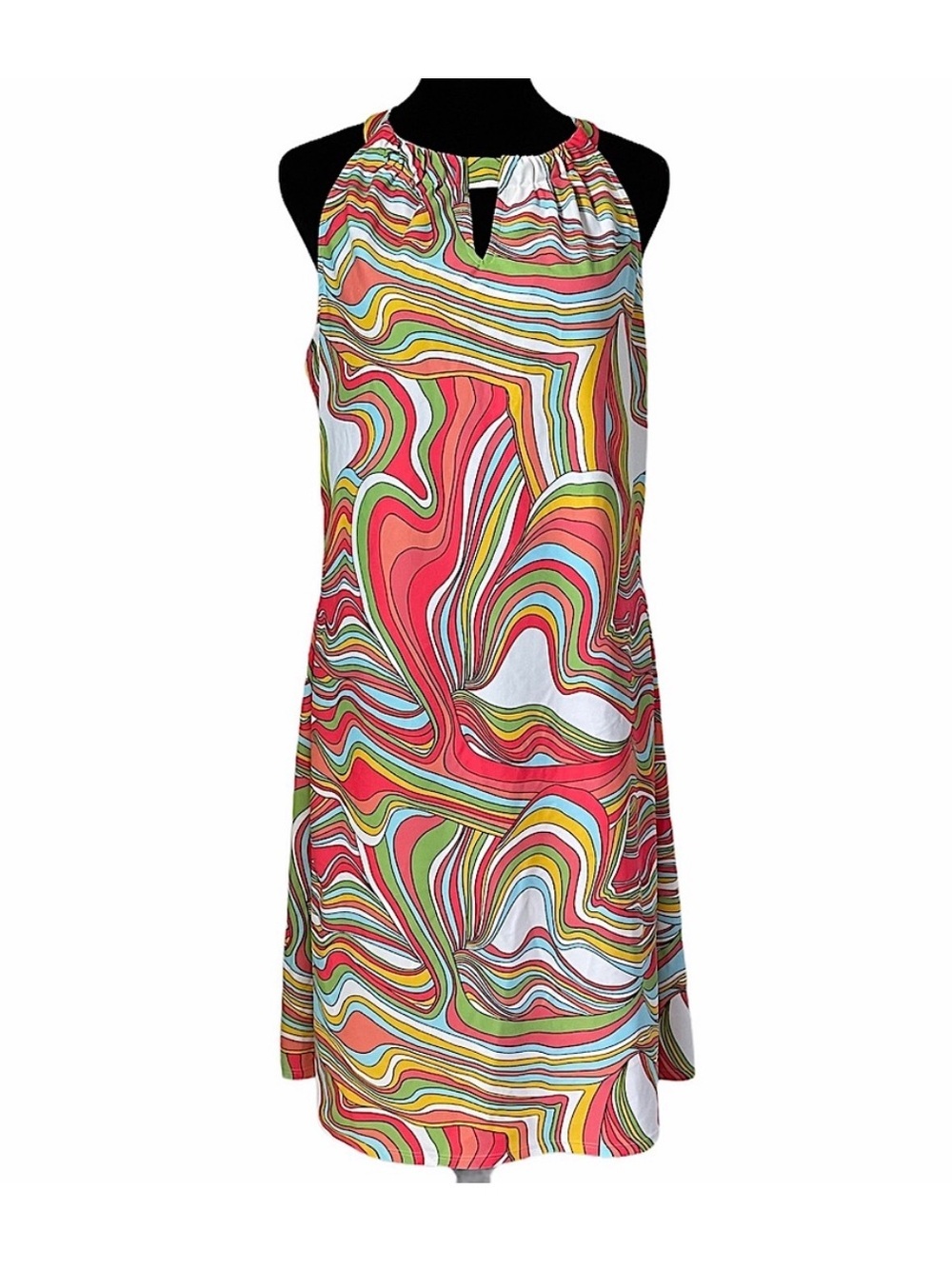JUDE CONNALLY Dress “Lisa” Ribbon Swirls Coral, Size XL lightweight retro print